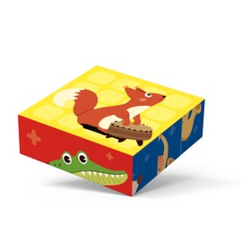 Wooden Cube Jigsaw Puzzle Animal Theme for Toddlers 1+ Years Old, 9-Piece Storytelling Design, 6 Unique Patterns, English Reference Cards, Enhances Logic, Spatial Awareness, & Hand-Eye Coordination