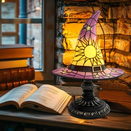 Witch Hat Lamps - Handcrafted Stained Gothic Wizard Hat Lights for Decor,Light with Glow-in-The-Dark Figurine for Bedroom， Mystical Bedroom Ambiance & Wiccan Gifts