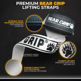 BEAR GRIP Straps - Premium Neoprene Padded Heavy Duty Double Stitched Weight Lifting Gym Straps, Deadlift, Gym Accessories for Men and Women, Advanced Gel Grip, 100% cotton, Extra long length (White)