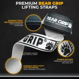 BEAR GRIP Straps - Premium Neoprene Padded Heavy Duty Double Stitched Weight Lifting Gym Straps, Deadlift, Gym Accessories for Men and Women, Advanced Gel Grip, 100% cotton, Extra long length (White)