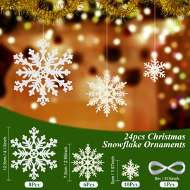 MELLIEX 24 Pieces Snowflake Christmas Tree Decorations, White Plastic Snowflake Hanging Decorations in 3 Sizes for Winter Wonderland Decor