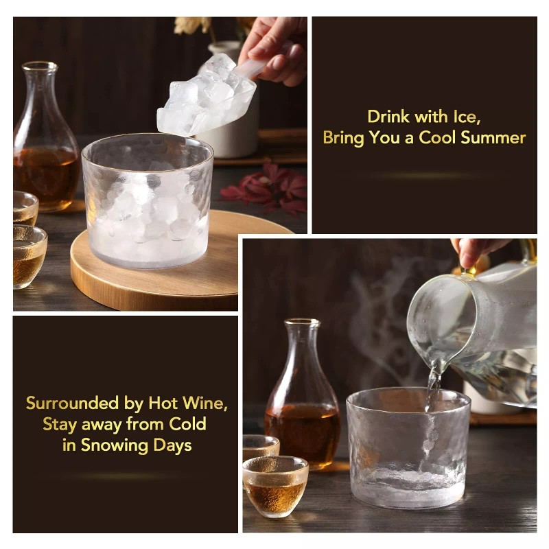 DUJUST Japanese Sake Set for 4, Glass Hammer Pattern in