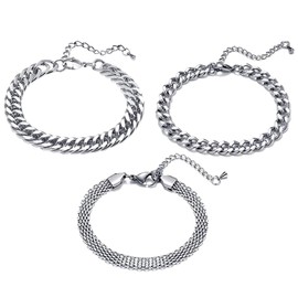 Pack of 3 Silver Men's Bracelets, Stainless Steel Men's Stacking Bracelets, Fashion Jewellery, Birthday Gifts for Men, Eine Grösse, Stainless Steel, No Gemstone