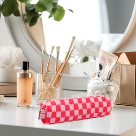 Small Pencil Pouch Plaid Makeup Bag, Knitted Cosmetic Bag Checkered Makeup Bag, Coin Pouch Office Stationery Organizer for Teen School (Pink)