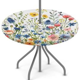 Pardick - Mantel redondo para exteriores con agujero para paraguas, diseño de flores pequeñas, redondo, ajustable, impermeable, con cierre, elástico, para mesa de patio al aire última intervensión, se