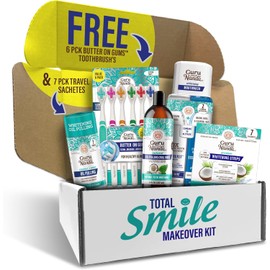 GuruNanda Total Smile Makeover Kit Regular with Cocomint Oil Pulling, Dual Barrel Whitening Mouthwash, Whitening Strips & Butter on Gums Toothbrushes