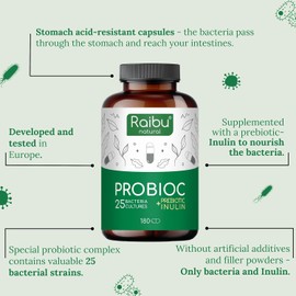 Raibu Probiotics for Gut Health - Probiotics & Prebiotics - 25 Bacterial Cultures - 180 Enteric Coated Capsules - 60 Billion CFU - Lactobacillus Acidophilus & Bifidobacterium - No additives & Vegan