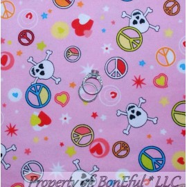 Signature BonEful Fabric FQ Cotton Flannel Quilt Pink Dot Heart Skull Head PEACE Sign Star