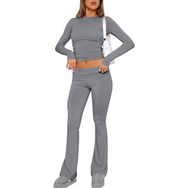 ROFUSSO Women’s Two Piece Set with Long Sleeve Crop Top and Flare Pants Yoga Tracksuit Lounge wear Outfit Comfortable Fold Over Waist Y2k Set Dark Grey L