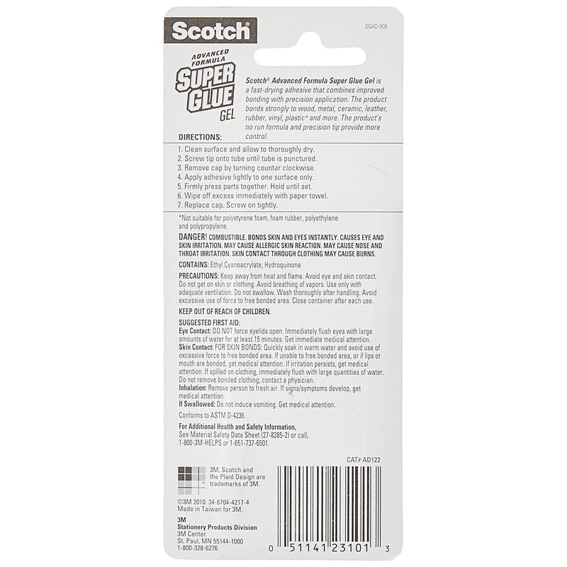 Scotch Advanced Formula Super Glue Gel, .07 oz, 2-Pack, No-Run