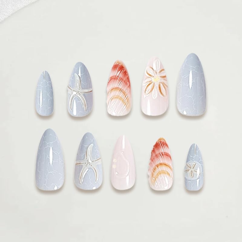 24PCS Ocean Theme Press On Nails - 3D Blue White