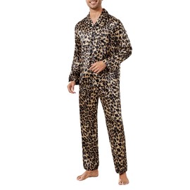 WDIRARA Men's Satin Leopard Lapel Neck Button Down Long Sleeve Top and Pants 2 Piece Pajama Set Khaki Medium