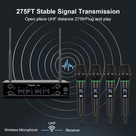 Flygrow Wireless Microphone,Metal 4 Channel UHF Cordless Handheld Microphone System,Suitable for Home Karaoke, Meeting, Party, Church, DJ, Wedding,4x34 UHF Adjustable Frequencies,275ft