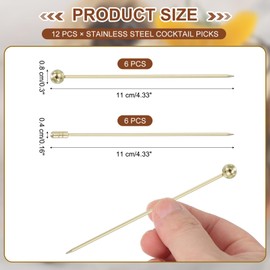 sourcing map 12 Pcs Stainless Steel Cocktail Picks, 4.33" Martini Picks Fruit Sticks Metal Skewers Reusable for Drinks Olives Appetizers Fruit Decorative, Gold (Bead/Cylinder)