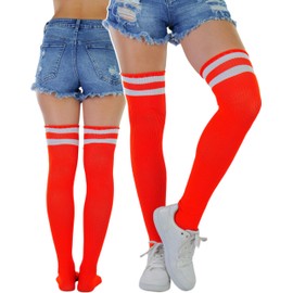 ToBeInStyle Women's Athlete Acrylic Thigh High W/Double Striped Top - Orange/White - OSP