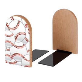 Seamlesss 3D Baseball Stitches Book Ends Decorative Wood Bookends for Shelves Kids Room Desk Home Office Book Stoppers for Magazines,Books, DVDs, 1 Pair/2 Pieces(5x3.1 in)