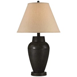 Auburn Modern Table Lamp Rustic Hammered Bronze Metal Vase Natural Linen Empire Shade for Living Room Family Bedroom Bedside - Regency Hill