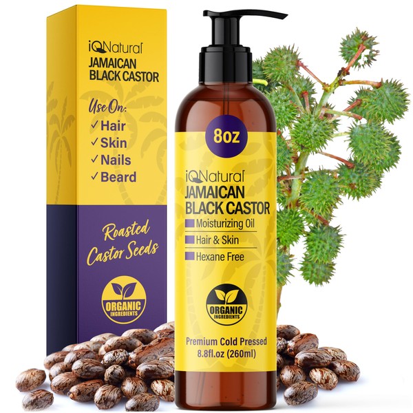 IQ Natural Jamaican Black Castor Oil for Hair Growth and Skin Conditioning, 100% Pure Cold Pressed, Scalp, Nail and Hair Oil - (Unscented) (8oz)