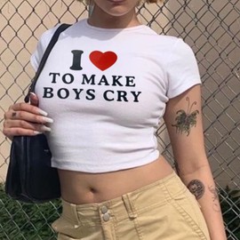 Tuislay Cute Baby Tees for Women I Love to Make Boys Cry Y2k Shirt Crop Tops Aesthetic Clothes Streetwear Summer T-Shirt (White,M,Medium)