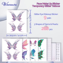 Waveaura Face Jewels Stick on Face Gems Stick on Earrings Hair Gems Rave Accessories for Women Hair Jewels Butterfly Tattoos Face Stickers Festival Rhinestones for Makeup Face Glitter Hair Jewelry