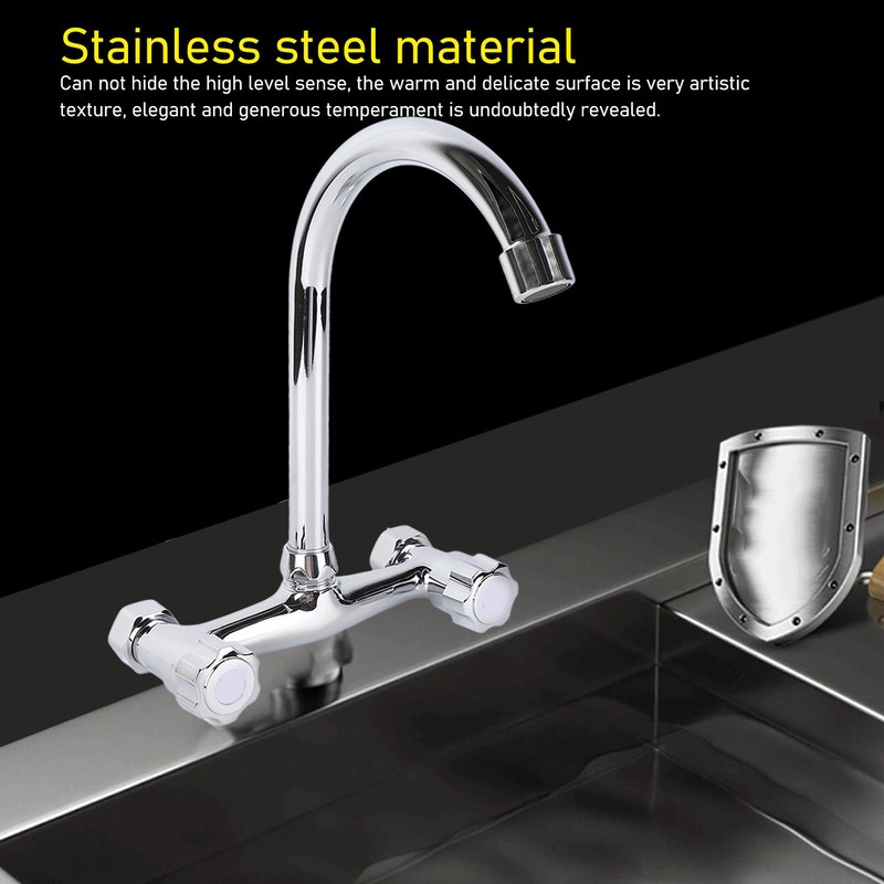 Wall Mount Kitchen Stainless Steel Smooth Surface 2 Handles Faucet