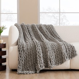 HBlife Chunky Knit Throw Blanket 50X60 Inches, Super Warm Soft Chenille Yarn Cable Knitted Blankets and Throws Boho Giant Cozy Thick Crochet Blanket for Sofa Bed Couch, Grey