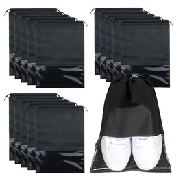 15Pcs Black Shoe Storage Bags Non-Woven Dust-Proof Bags 44x32cm/17.32×12.60inch Large Capacity Portable Drawstring Shoe Bags with Transparent Slot Suitable for Travel Home Shoe Storage