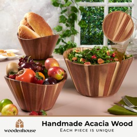 Wooden Salad Bowl Set, Wood Bowl Set of 3 - Wavy Design Large Salad Bowl for Serving, Fruit Bowls, Handmade, Durable and Stylish Natural Wood Dining Accessory by Woodenhouse