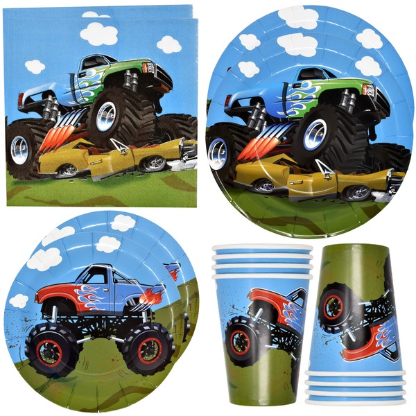Gift Boutique Monster Truck Party Supplies Tableware Set 24 9" Paper Plates 24 7" Dessert Plate 24 9 Oz Cups 50 Lunch Napkins for Monster Racing Car Grave Digger Monsters Trucks Disposable Decorations