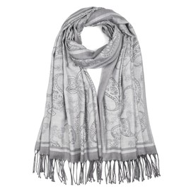 QIUTIMIY Paisley Pashmina Shawls and Wraps for Women Reversible Jacquard Festival Rave Pashmina Scarves with Fringe Vintage(Flower17-White Grey)
