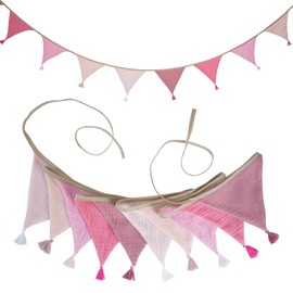 LUMOOM Bunting Children's Room 2.6 m, Garland Children's Room, Baby Room Decoration Bunting, Muslin Cotton Fabric, Girls and Boys Children's Room Decoration, for Outdoor Garden Party (Pink)
