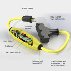Tower Manufacturing 30438302-01 Auto-Reset 15 AMP Inline GFCI Triple Tap Cord, 25 Feet, Yellow