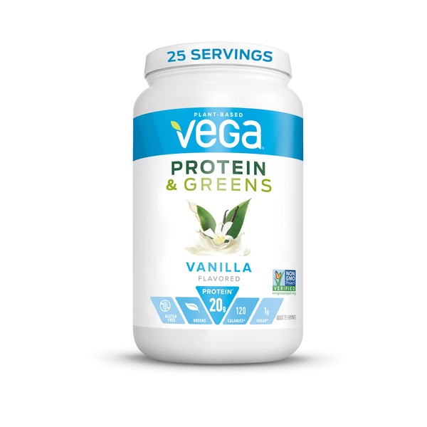 Vega Protein and Greens, Vanilla, Plant Based Protein Powder Plus Veggies - Vegan Protein Powder, Keto-Friendly, Vegetarian, Gluten Free, Soy Free, Dairy Free, Lactose Free (25 Servings, 26.8oz)