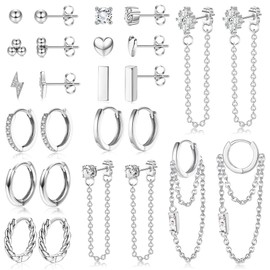 Kakonia 13 Pairs Small Earrings Set for Women Surgical Steel Hoop Earrings mit Chain Hypoallergenic Cartilage Dangle Stud Earrings Heart Zirconia Tiny Earrings Set for Multiple Silver/Gold