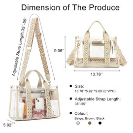FAIME Clear Tote Bag for Women Stadium Approved,Woven Crossbody Handbag Clear Bag for Stadium Events Plastic Purse for Work, Beach (Beige)