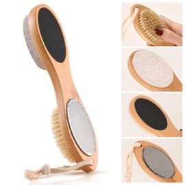 KALESUKI Foot File Callus Remover, Multi-purpose 4 in 1 Feet Pedicure Scrubber Exfoliator Tools with Foot Care Bristle Brush, Pumice Stone, Mental Foot Rasp, Sand Paper and Bamboo Handle