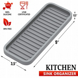 ZAPPOWARE Silicone Kitchen Sink Caddy Sponge Holder 9x3.5 (1-Pack) Gray - Bathroom Vanity Tray Organizer, Soap Tray for Dish Scrubber, Soap Dispenser