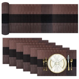 Aofmee Table Runner and Placemats Set of 6 Washable, Heat Resistant Place Mats with Table Runner, Woven Vinyl Table Placemats for Dining Table, Stain Resistant Kitchen Table Mats Sets, Easy to Clean