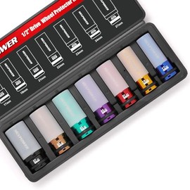 MIXPOWER 7PCS 1/2" Drive Wheel Protector Impact Socket,Thin Wall Deep Impact Socket Set, Durable Plastic Sleeve Lug Nut Socket, 6-Point, Metric, Color-Coded, 17mm, 19mm, 21mm, 22mm, 23mm, 24mm,27mm
