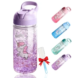 OOTD - Botellas de agua de unicornio para niñas, lindas botellas de agua para niñas, para la escuela, botella de agua de unicornio con pajita y bloqueo de seguridad, botellas de agua para niños de 14.5 onzas, para niños y niñas, color morado