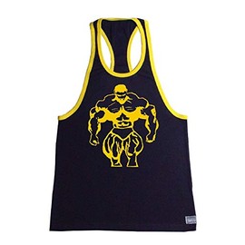 Fitted Black With Yellow Trim Bodybuilder Tank Top With Muscle Man Design In Yellow