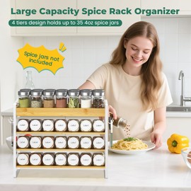 EsLuker.ly Spice Seasoning Rack Organizer Kitchen Countertop, 4 Tier Bamboo Spice Shelf Holder Storage with 4 Hooks, Wall Mounted Freestanding Stand for Pantry, Bamboo-White(Jars Not Included)