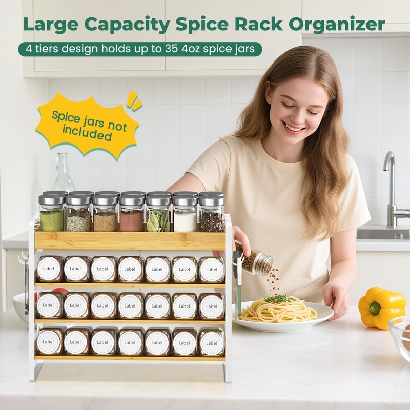 EsLuker.ly Spice Seasoning Rack Organizer Kitchen Countertop, 4 Tier Bamboo