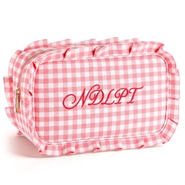 Tallew Needlepoint Project Bag NDLPT Sewing Craft Storage Embroidered Ruffle Storage Bag Gingham Checkered Organizer Pouch with Zipper for Quilter Crafter Art Stitching Gift(Pink)