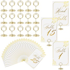 26 Sets Table Numbers with Table Number Holders, 1-25 and Head Table Numbers Cards with 1.2x2 Inch Place Card Holders, 4x6 Inch Table Numbers for Wedding Reception Restaurant Anniversary Birthday