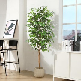 Laiwot Artificial Ficus Tree, 6ft Tall Fake Tree, Fake Silk Plants with Natural Wood Trunk, Realistic Texture Potted Faux Tree for Indoor Outdoor House Home Office Garden Modern Decoration, 1 Pack