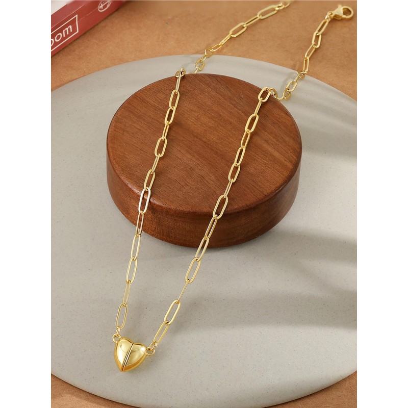 CTEEGN 14K Gold Heart Necklaces for Women, Dainty Paperclip Magnetic