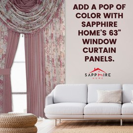 Sapphire Home Sheer Curtains - Two Tone 4 Panels Set w/Valance & Tiebacks, 55"x63", Lightweight Light-Filtering Window Curtain for Living Room, Bedroom, Kitchen, Dining Room - Floral Rose/Pink