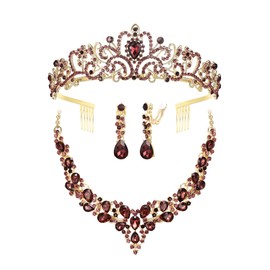 BriLove Bridal Jewellery Set for Wedding Flower Maids, Crystal Teardrop Cluster Statement Necklace Clip-on Earrings Princess Tiara Crowns Headbands Comb for Birthday Party Peach Rose-Gold-Tone