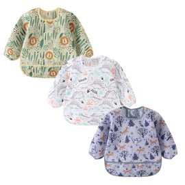 ElecMotive 3 Pack Long Sleeve Baby Bibs, Waterproof Sleeved Bib, Toddler Soft Bib for 6-30 Months (3 Pack C)